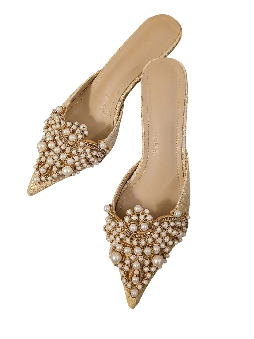 Embellished Lace Pearl Kitten Heel Regencycore Victorian Colonial Pointy Shoes 9